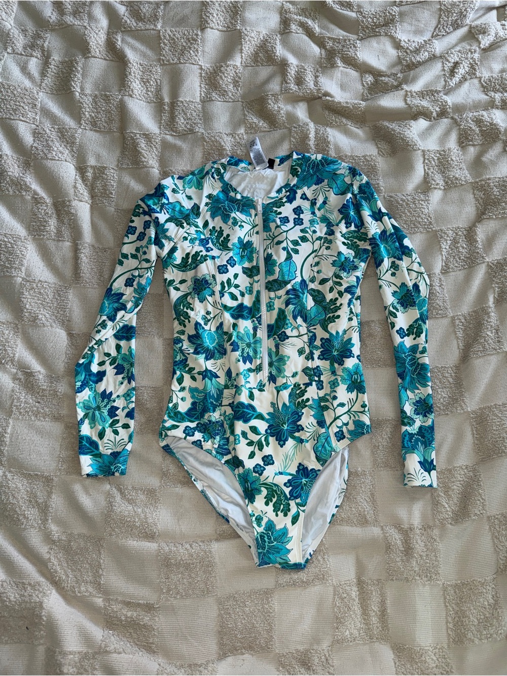 Niptuck Floral Long‎ Sleeve Zip Front One-Piece Swimsuit - Teal & White size 10